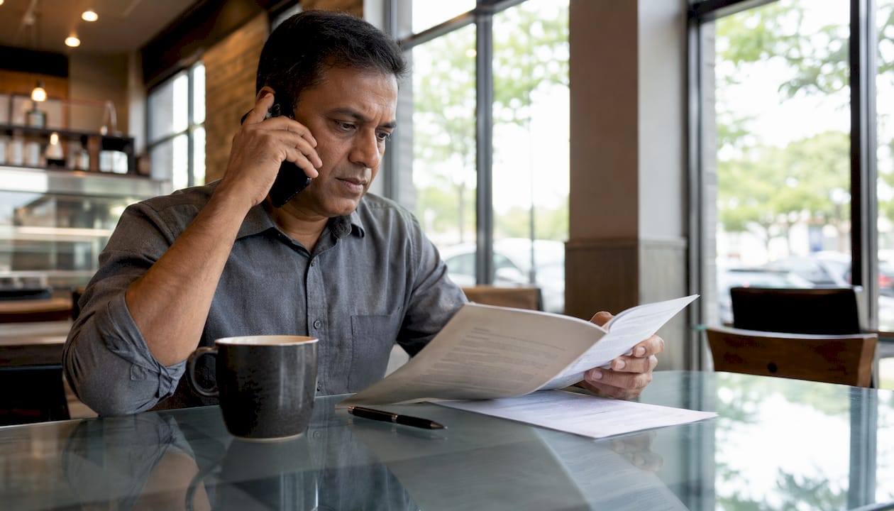 Man booking notary appointment on phone at desk