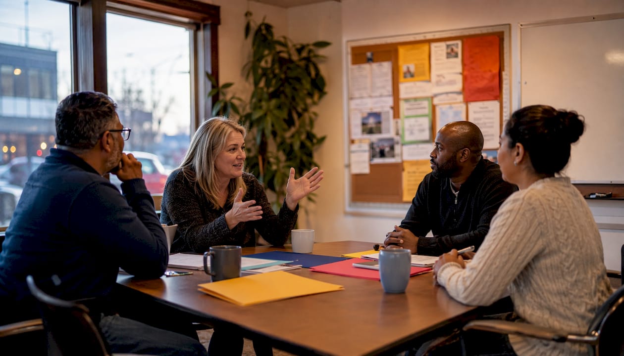 School board members meeting in office