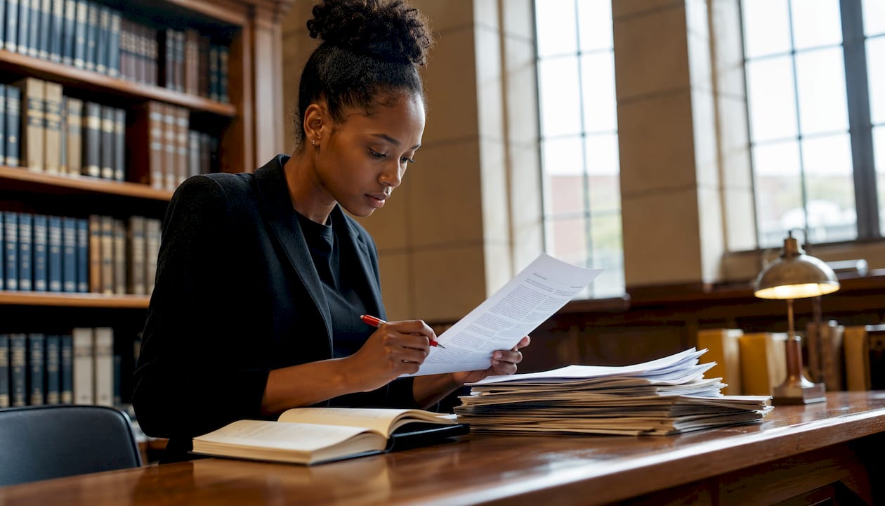 Woman verifying printed document integrity at coworking space