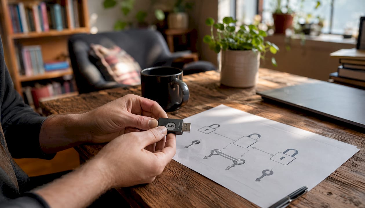 Hands holding USB security key over cryptography diagram