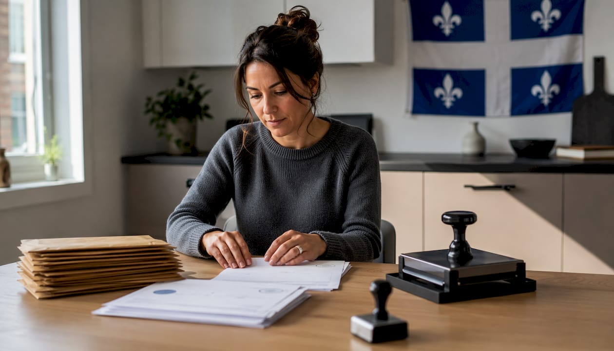 Close-up hands preparing Quebec apostille documents