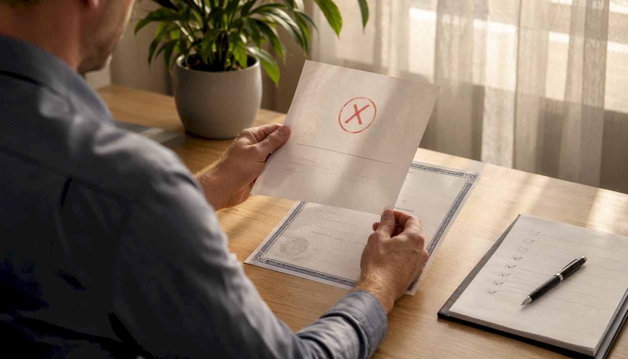 Hands holding rejected apostille documents with office desk