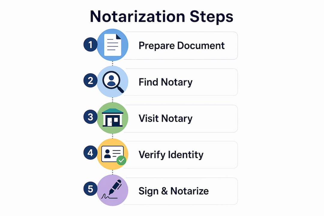 Infographic showing notarization steps from preparation to signing
