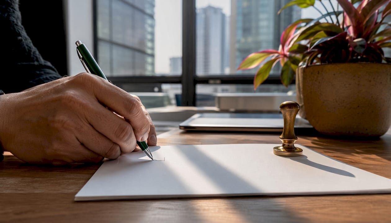 Close-up of signing notarial certificate