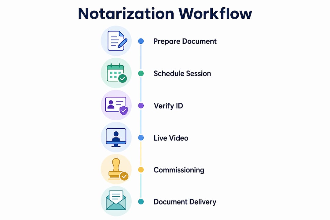 Infographic showing Ontario online notarization workflow steps