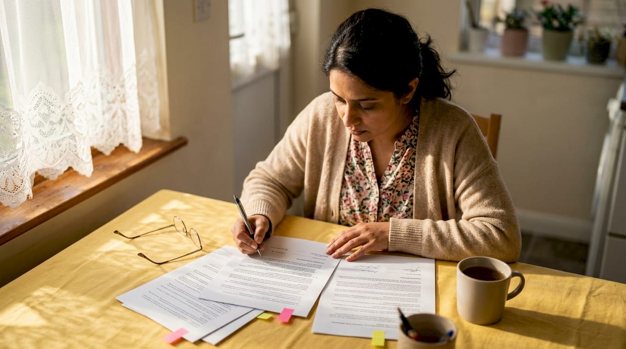 Woman reviewing notary documents at home office