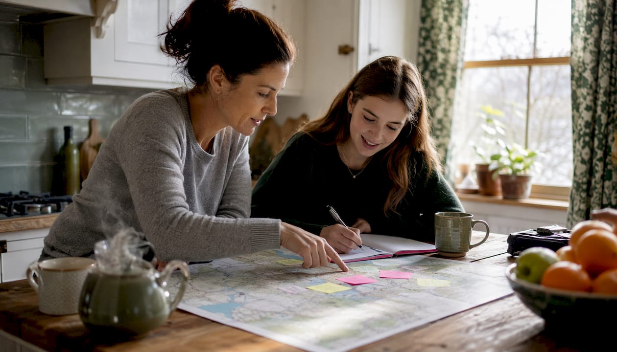 Mother and daughter planning family road trip