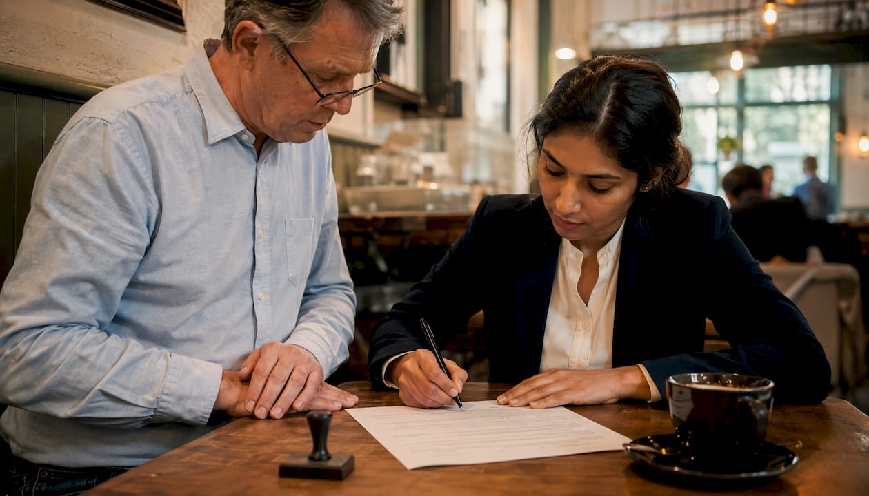 Notary watching client sign document in office