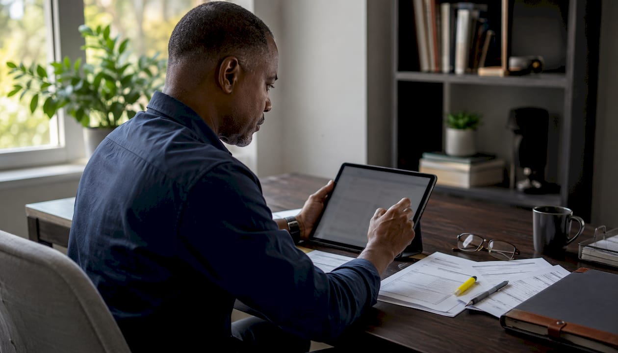Man using tablet to check document eligibility