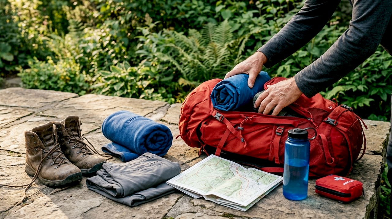 Hands packing hiking gear for seasonal trail trip