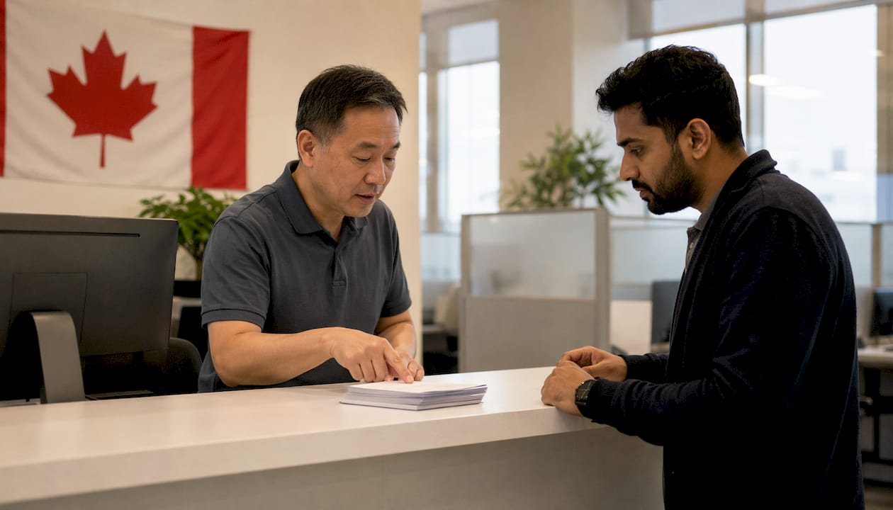 Clerk assisting client at authentication office counter