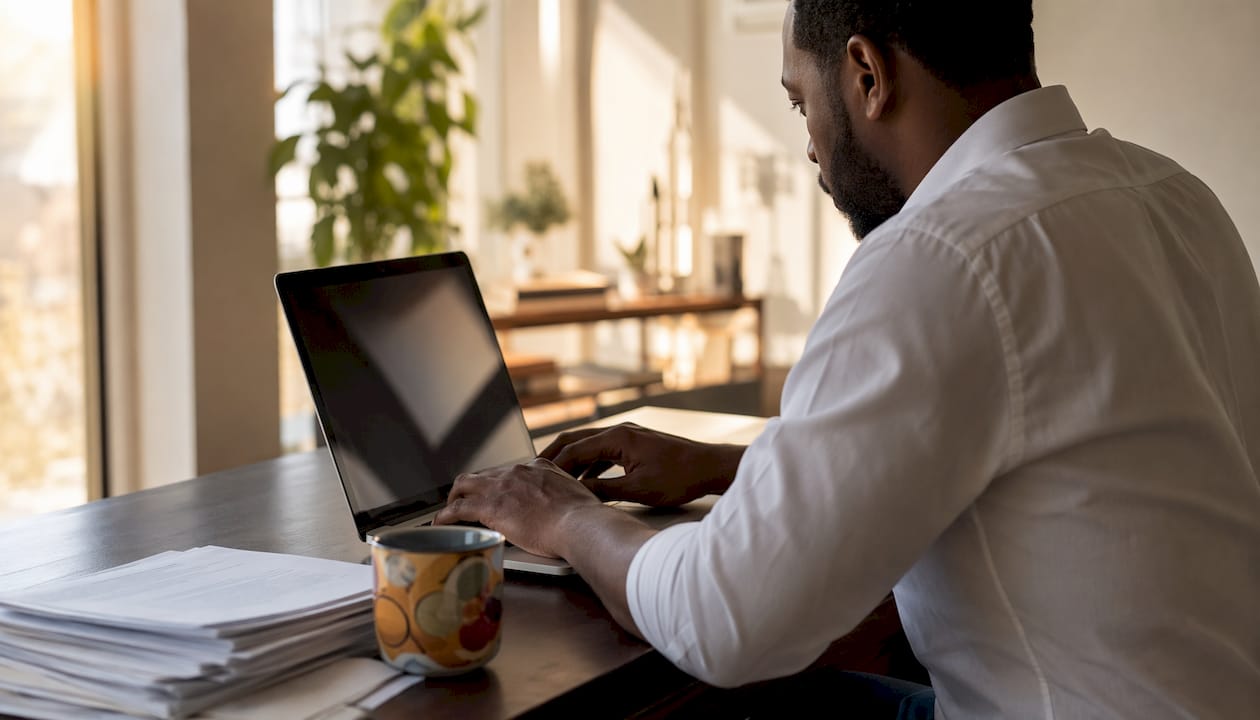 Hands typing on laptop with audit trail papers