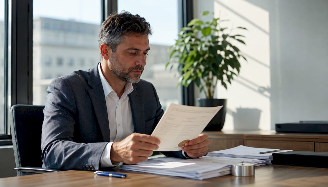 Hands holding apostille certificate over table