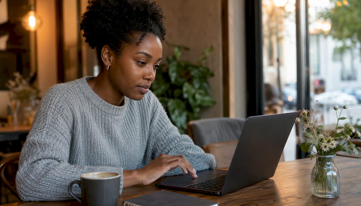 Woman verifying digital signature on laptop