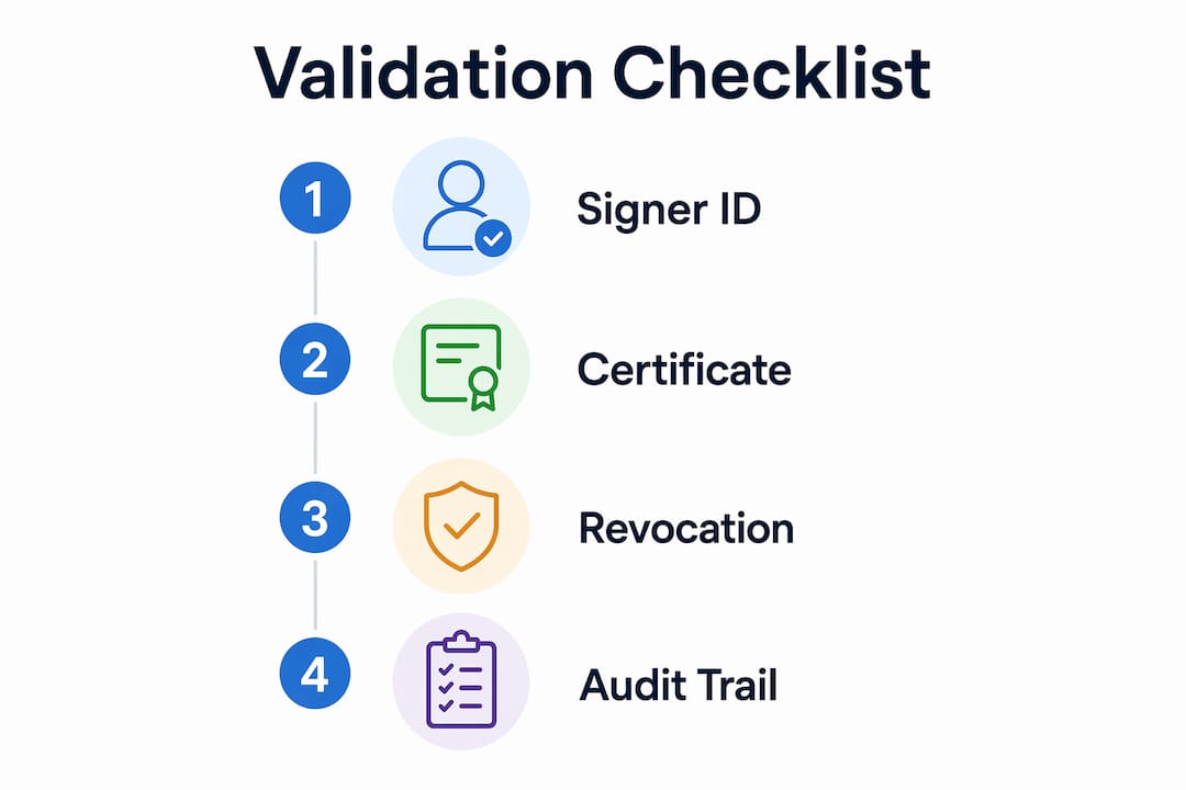 Infographic showing step-by-step digital notary validation checklist