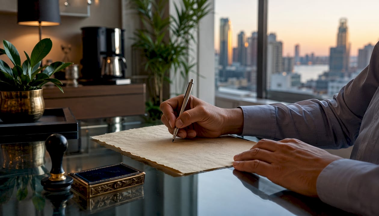 Close-up overhead of hands signing affidavit