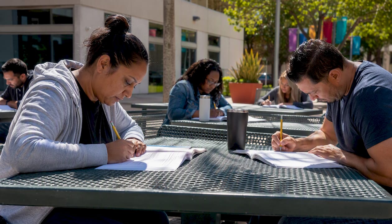 Group completing notary training exam in classroom