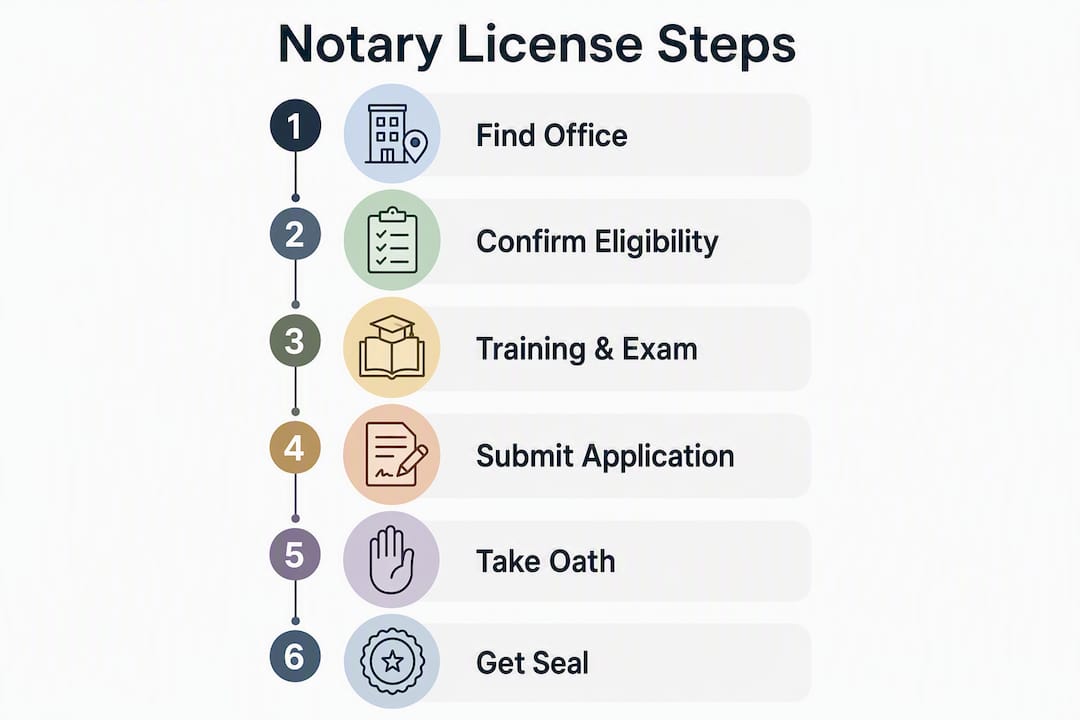 Infographic illustrating steps to apply for notary license