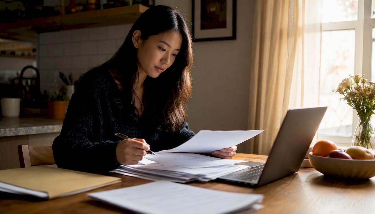 Woman preparing documents for online notarization