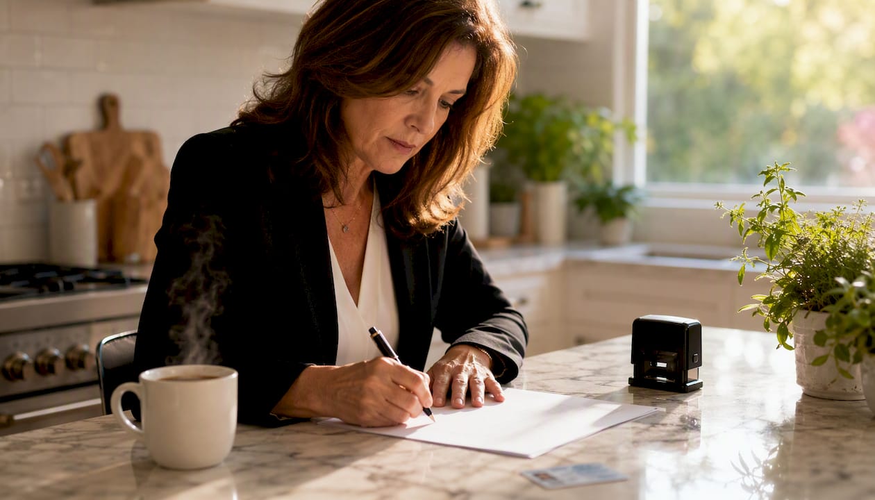 Person notarizing documents at home desk