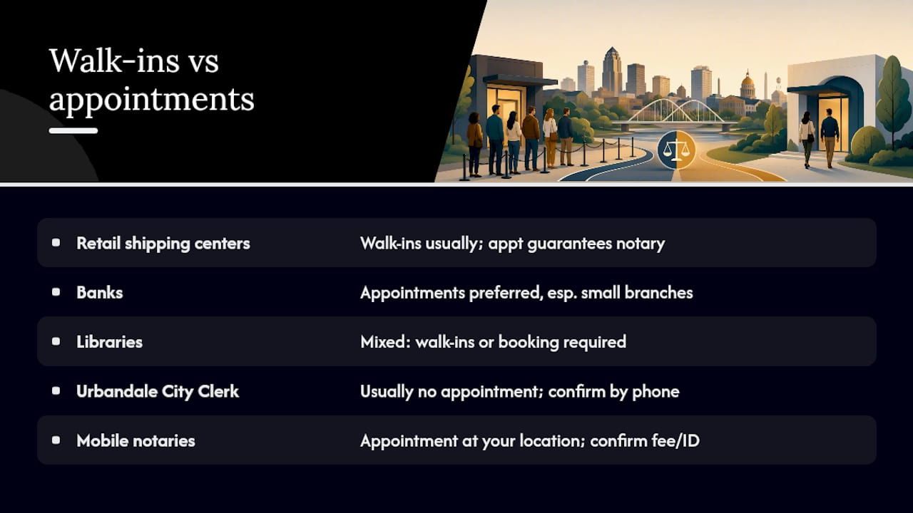 Walk-ins vs. appointments: what each location requires — overview diagram
