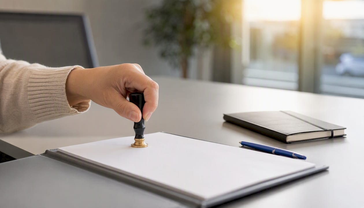Hand holding notary stamp over folder in office