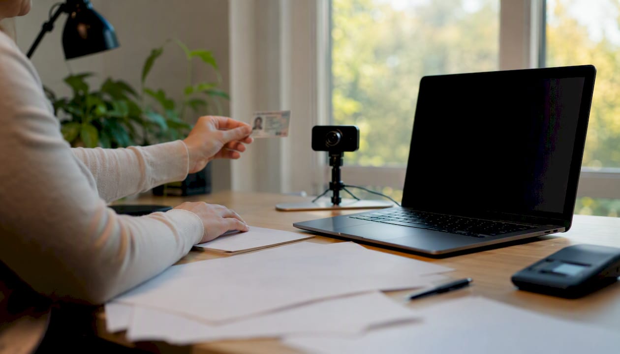 Hand holding ID card near webcam at desk