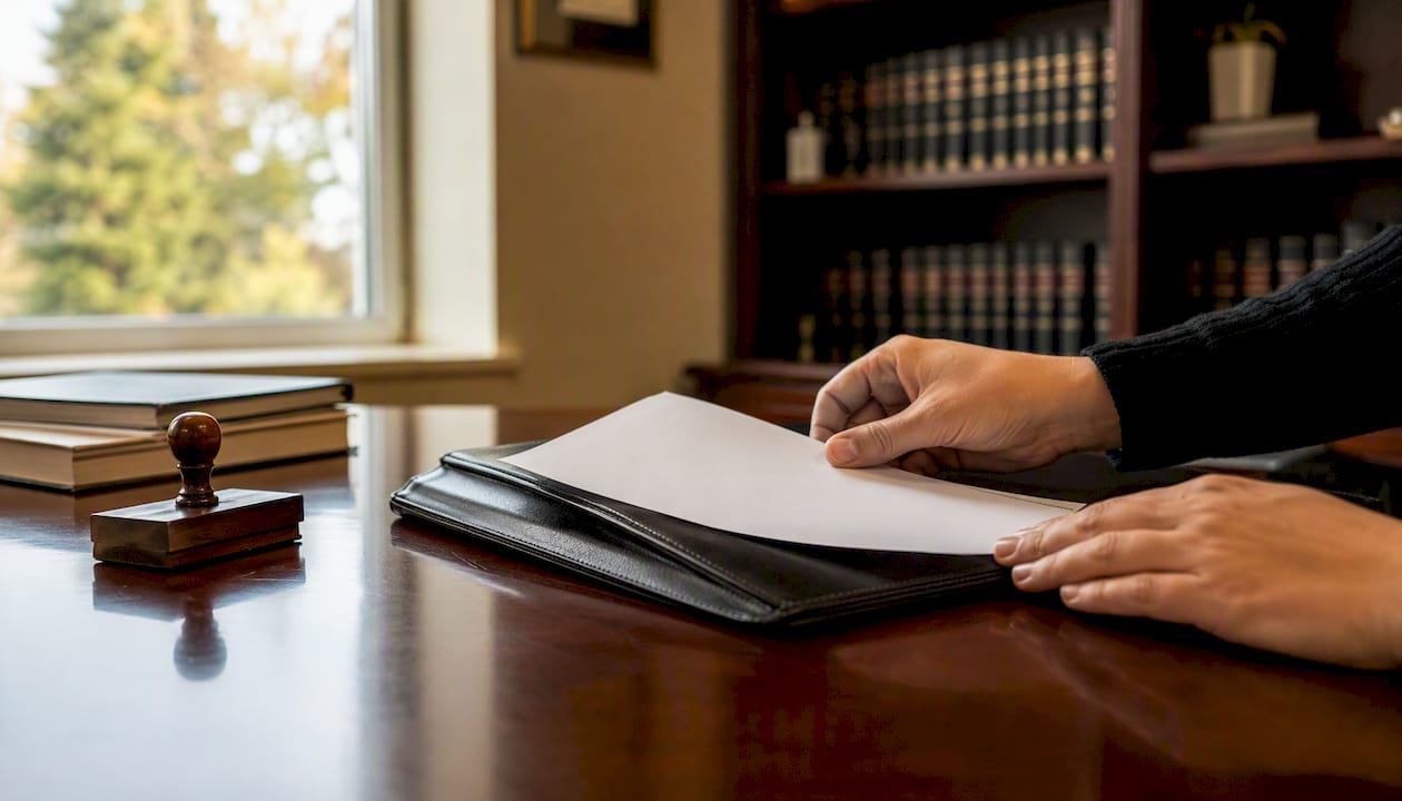 Notary hands stamping document in Brampton office