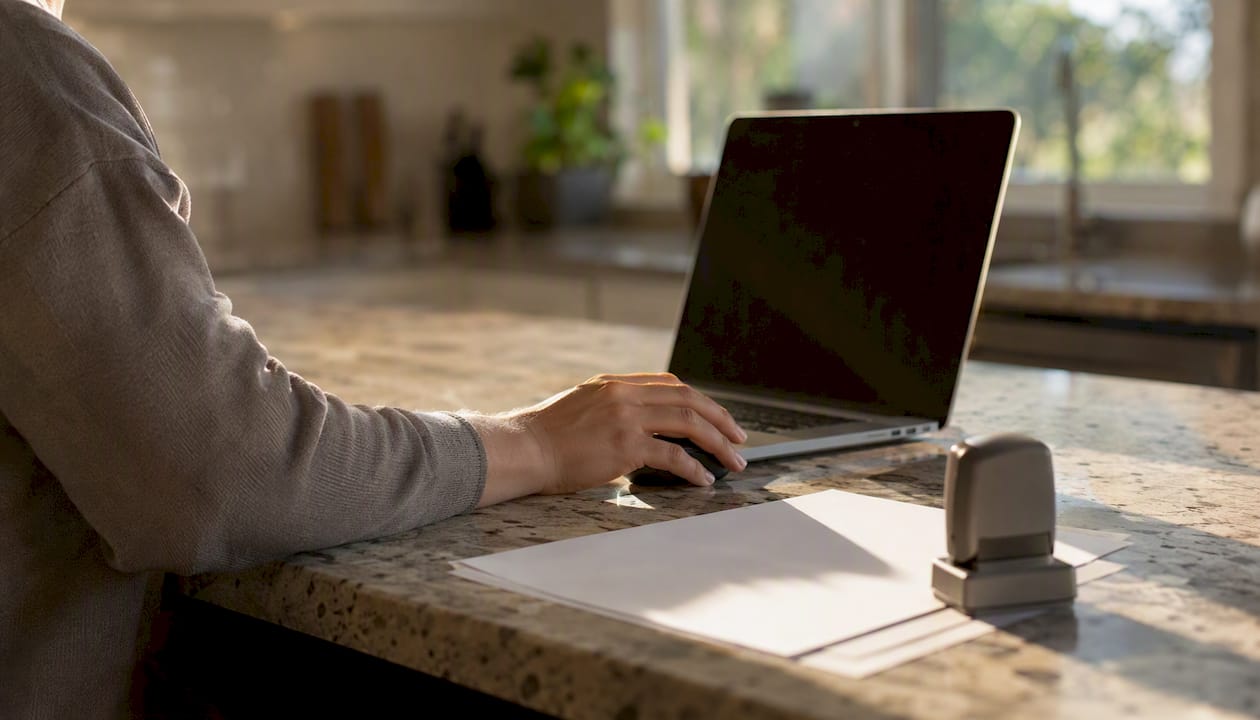 Hand clicking mouse next to dark laptop in home office