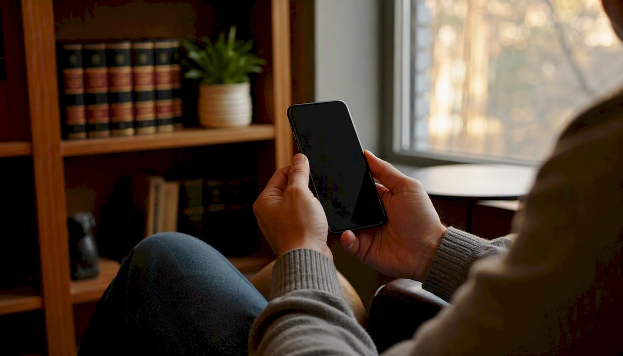 Hands holding phone with blank screen in office