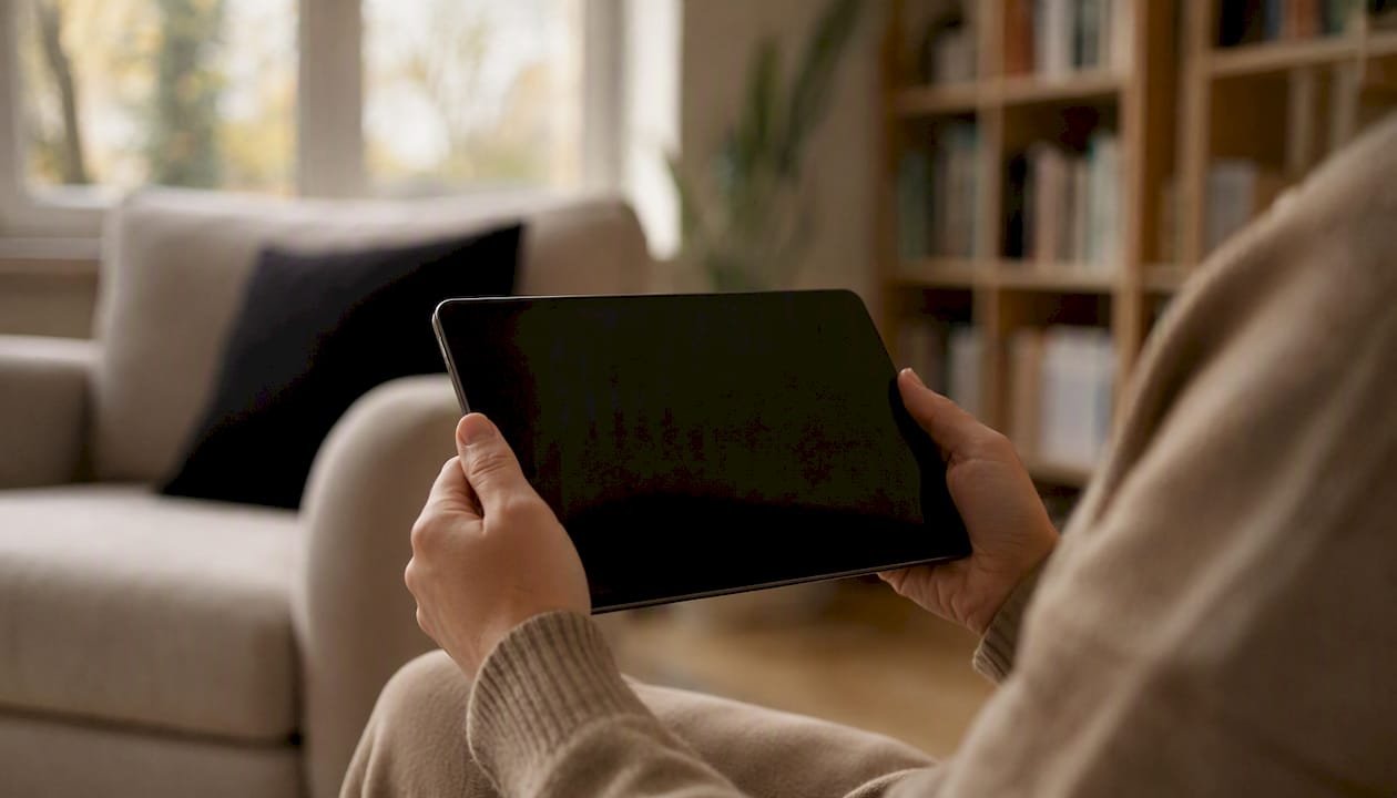 Hands holding tablet for remote notarization