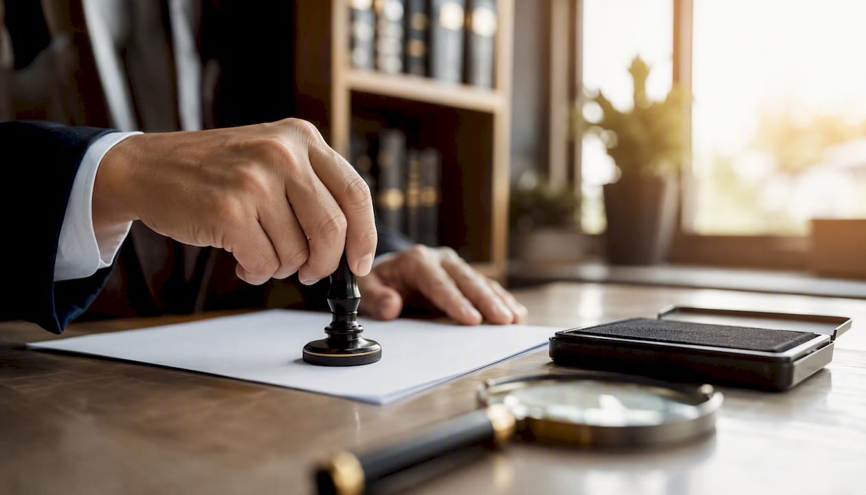 Hand stamping document in notary office