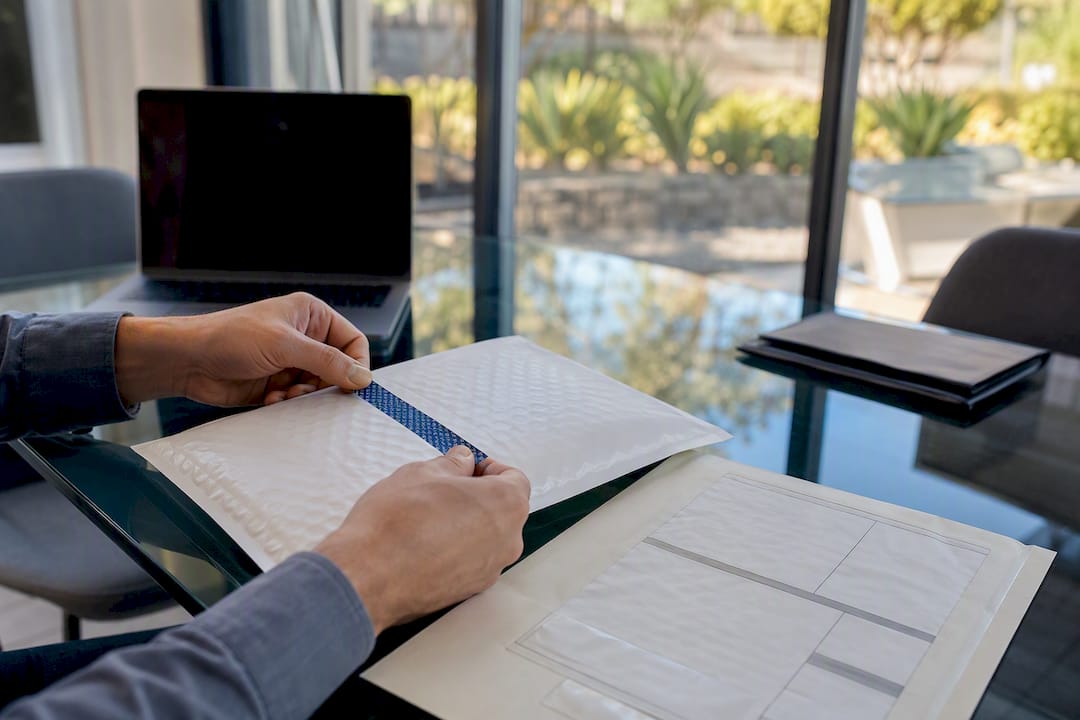 Hands sealing mailing envelope for document delivery