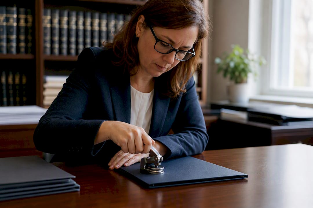 Official embossing seal on document folder