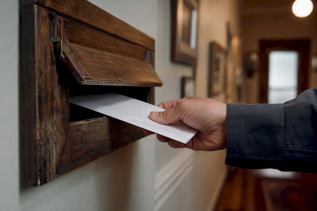 Hand placing envelope into mail slot