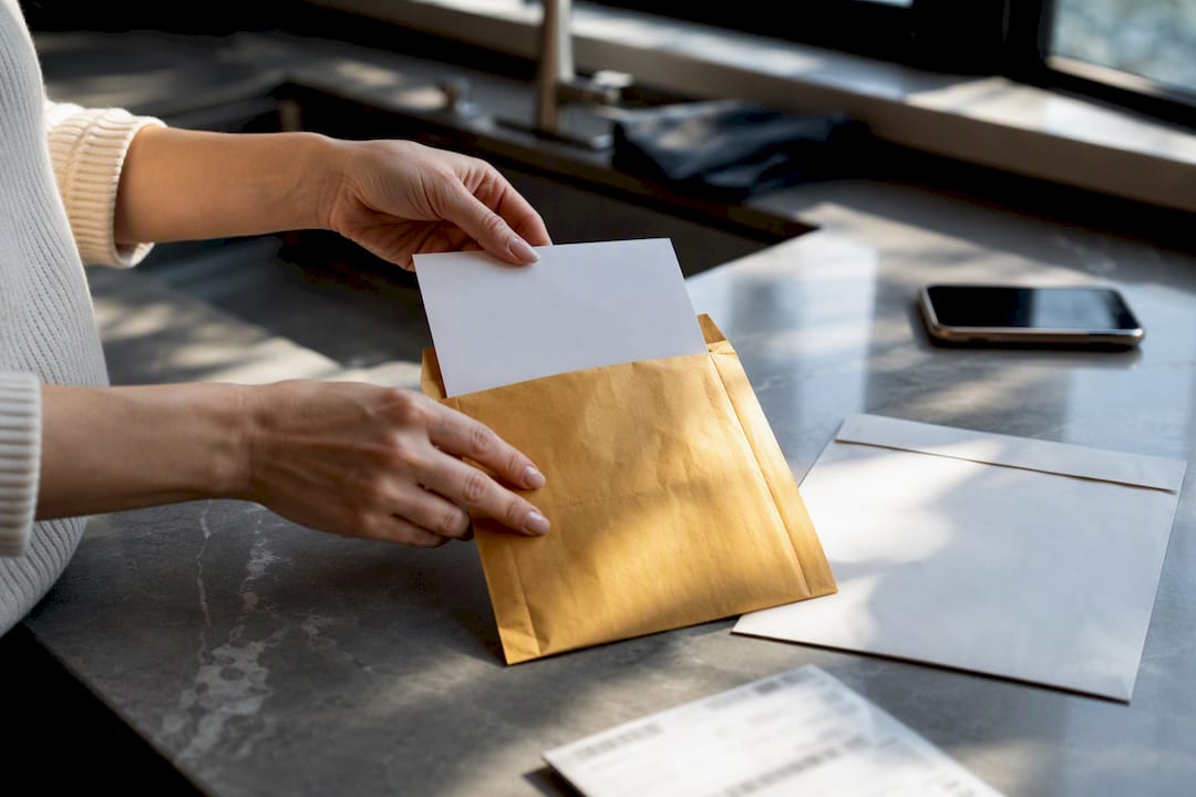 Hands packaging medical certificate with courier envelope