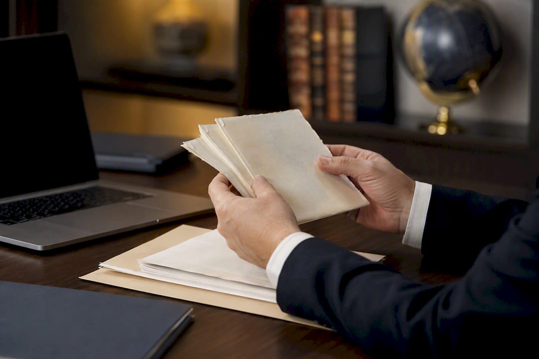 Hands inspecting damaged documents edges