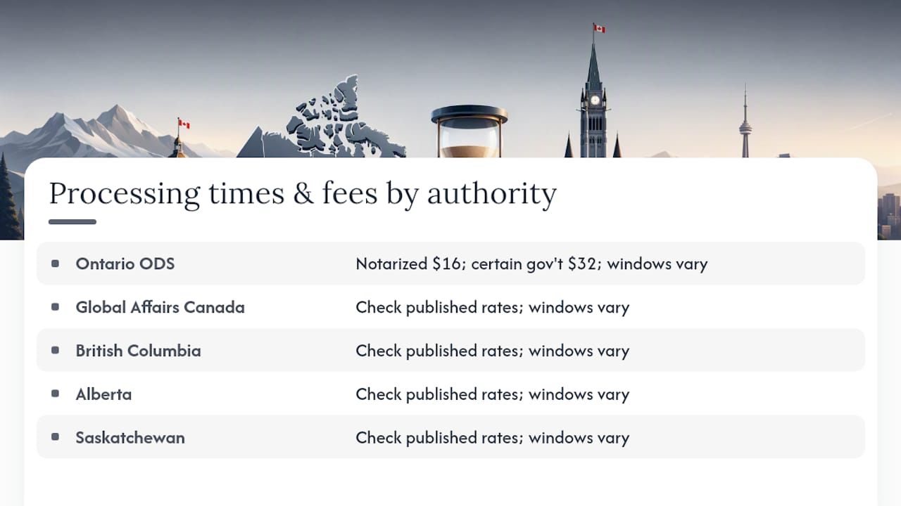 Comparison of apostille processing times and fees by Canadian authorities