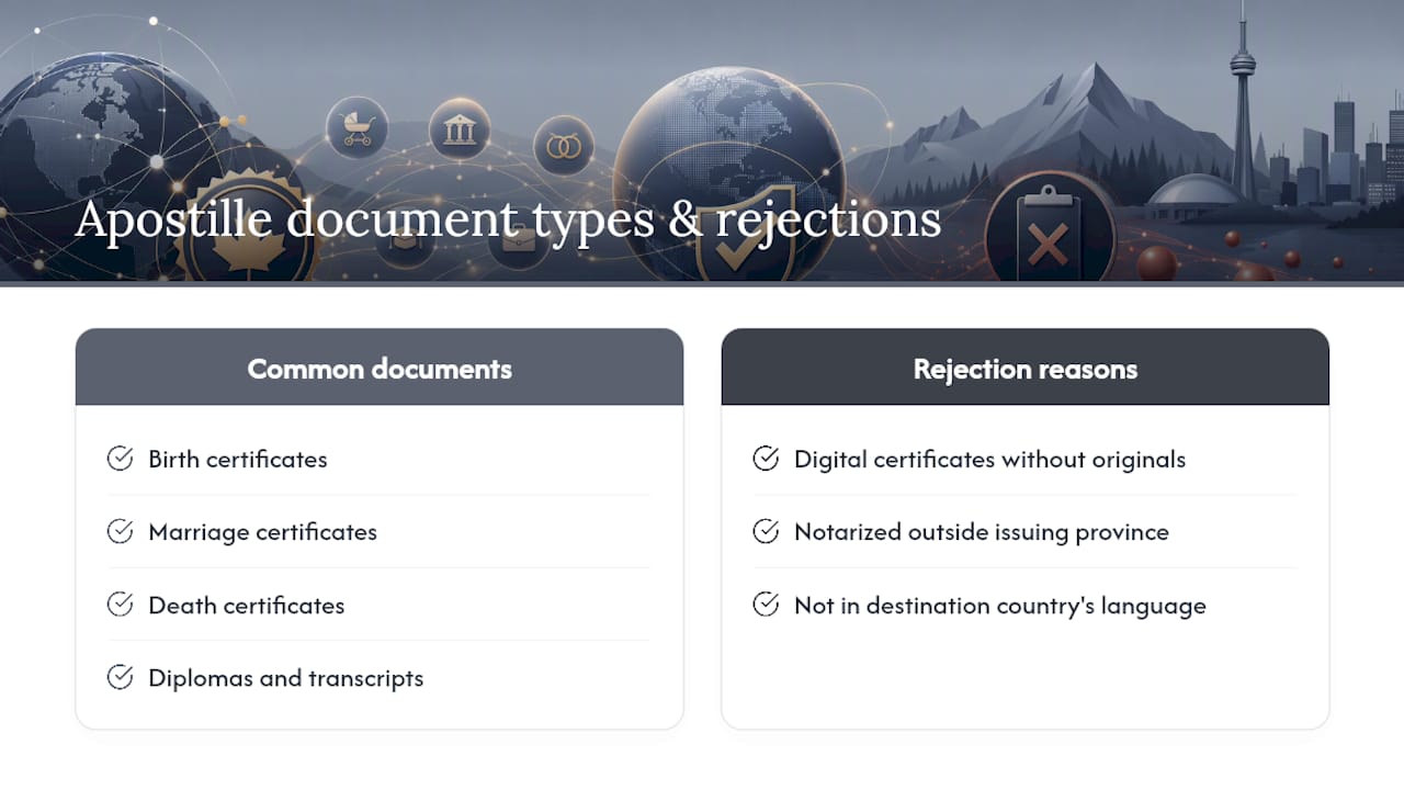 Diagram of documents eligible for apostille and common rejection causes