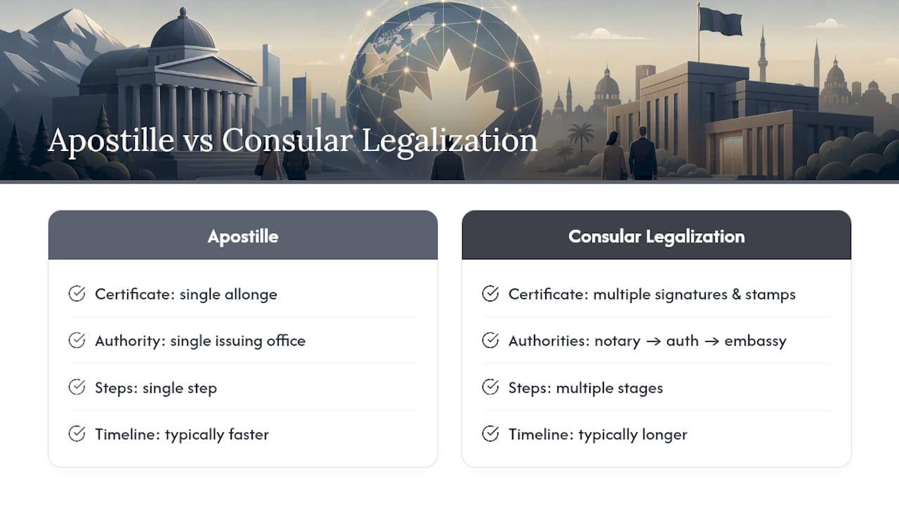 Comparison infographic of apostille and consular legalization process