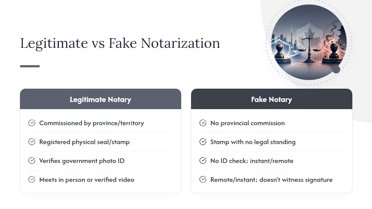 Legitimate Notarization vs. Fake Notarization — overview diagram