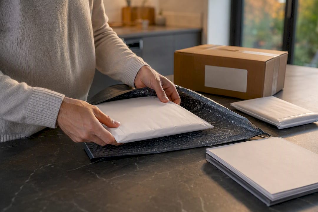 Hands packing marriage certificate documents for courier
