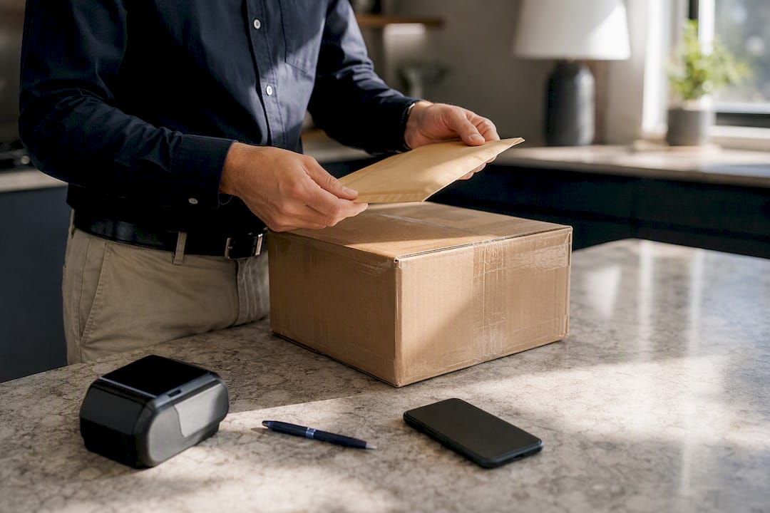 Hands packaging apostille documents for shipment