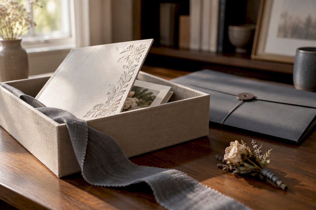 Wedding keepsake booklet beside official envelope