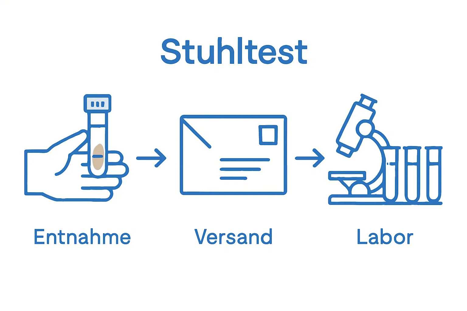 Infographic showing three main steps: stool sample collection, mailing the sample, and laboratory analysis.