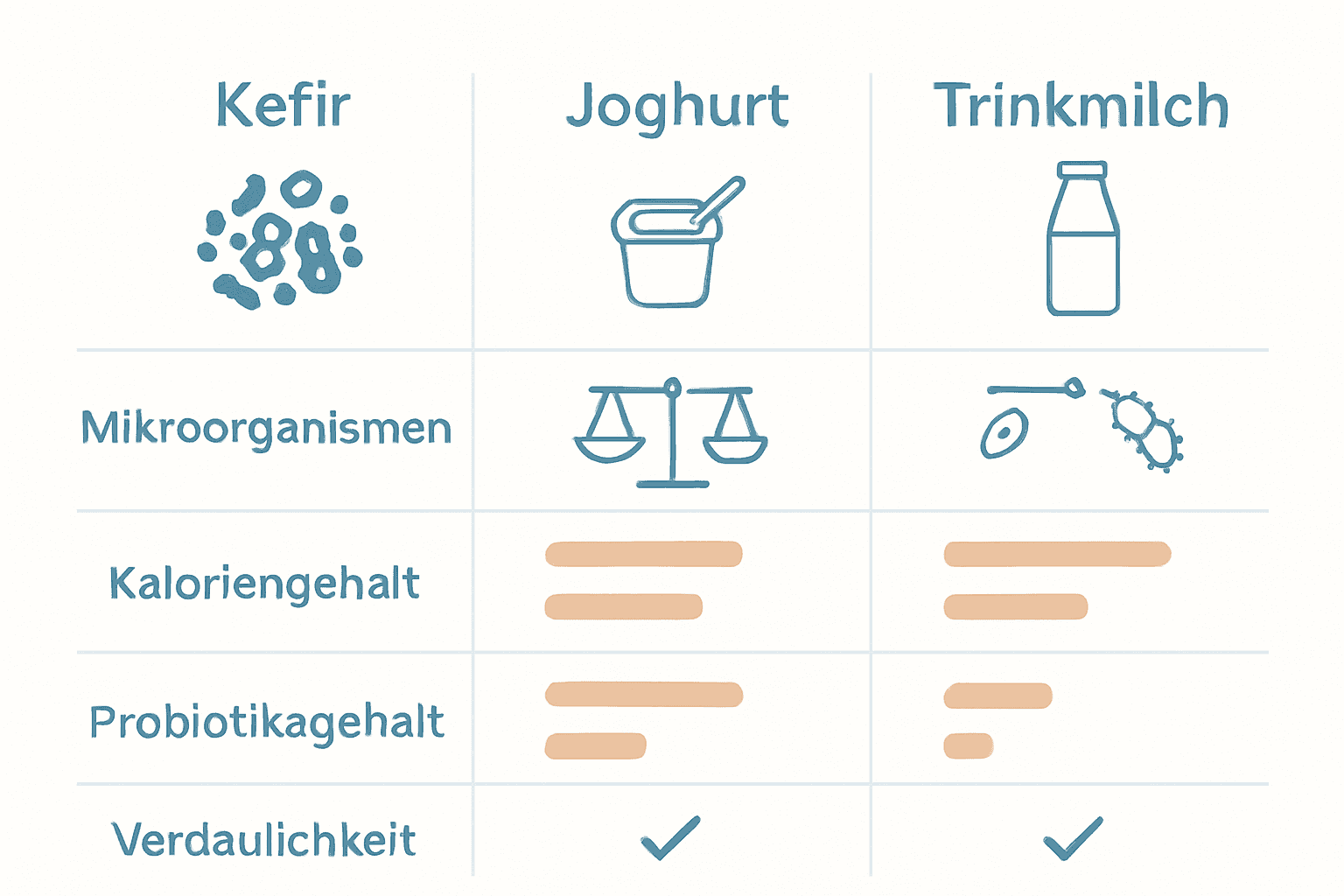 Vergleich Kefir, Joghurt und Milch als anschauliche Infografik