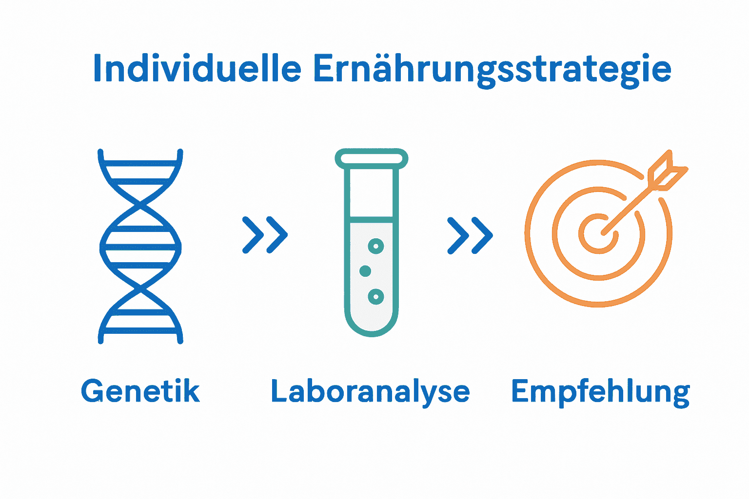 Ablauf personalisierte Ernährung als Icons: DNA, Labor, Ziel.