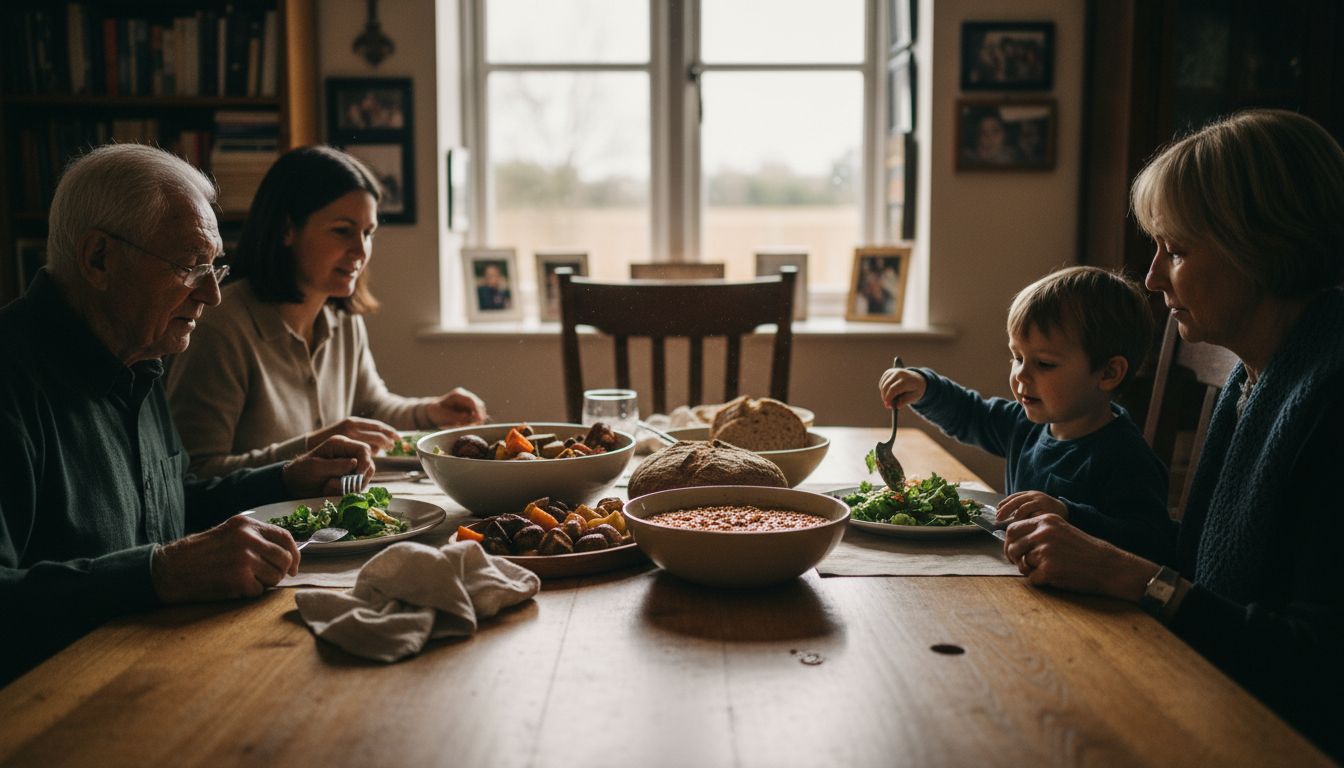 Family enjoying meal at rustic dinner table