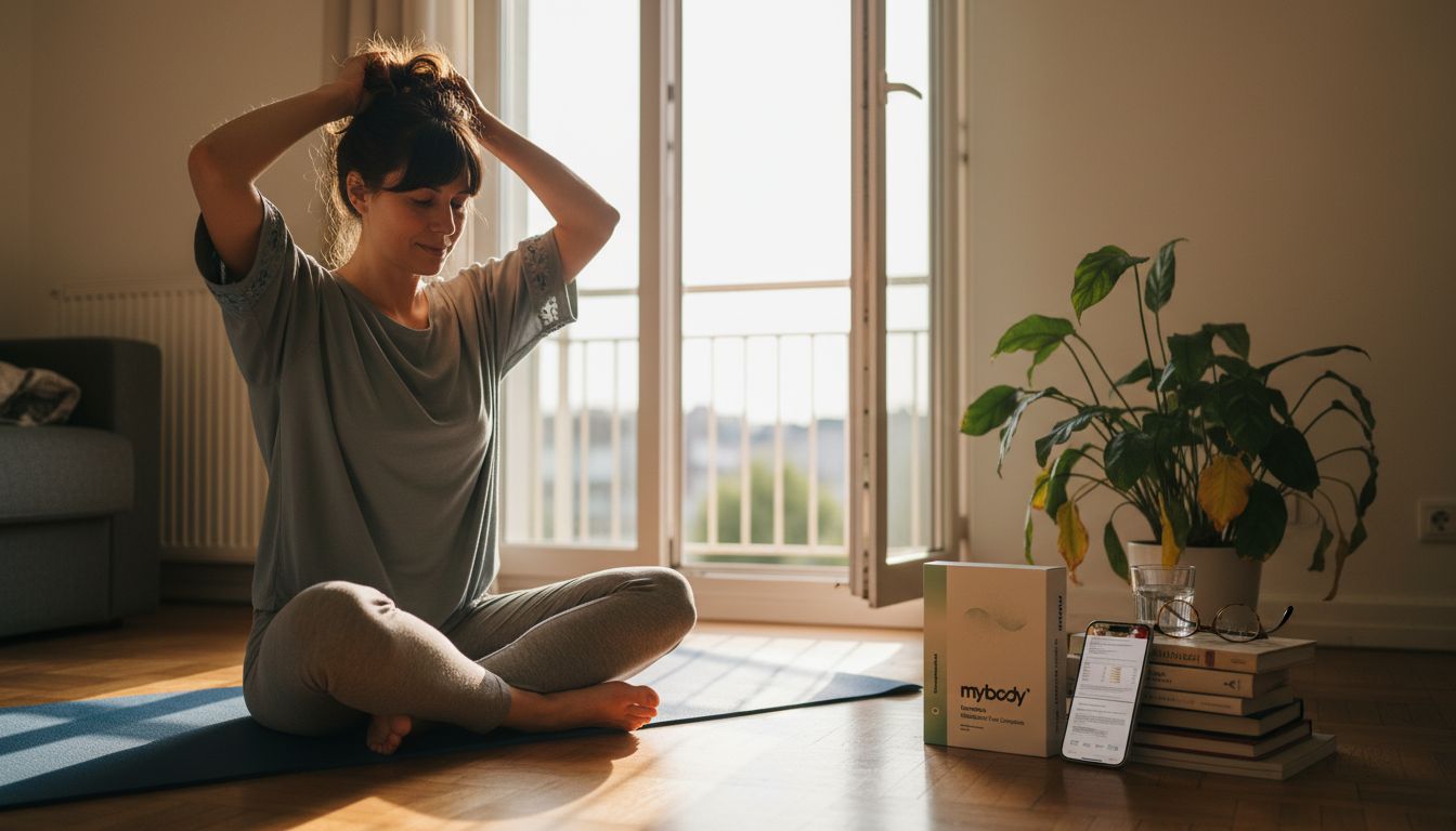 Woman relaxing on yoga mat at home