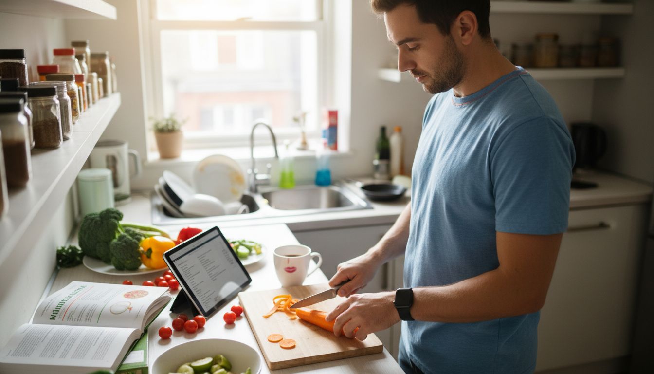 Man prepares meal with nutrition guides nearby